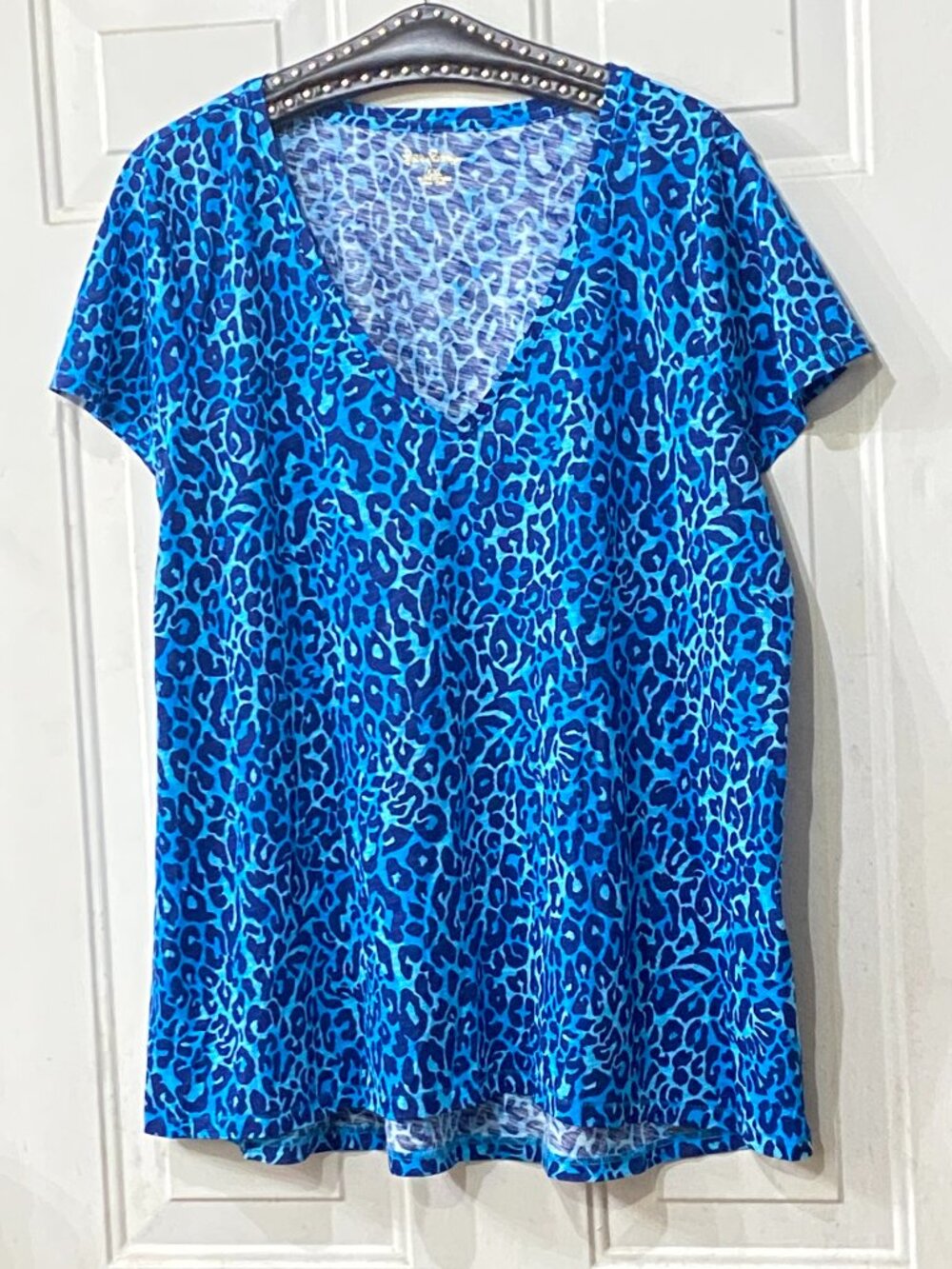 NEW Lilly Pulitzer Sz XXL Knit Tee Shirt Short Sleeve Teal/Navy Animal